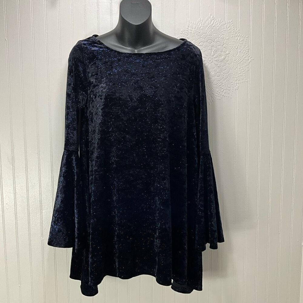 JOAN VASS Mini Split Bell Sleeves Glitter Velvet Dress